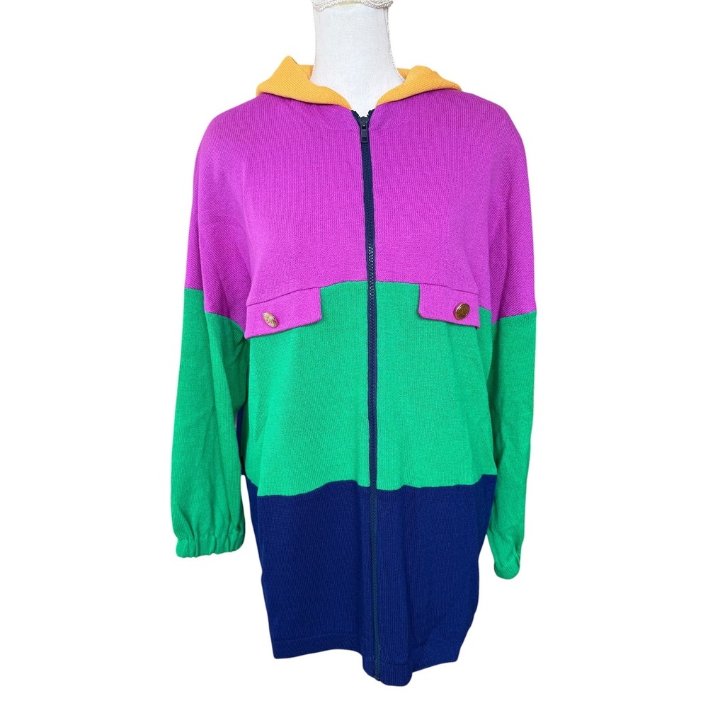 St. John Sportswear Vintage Colorblock Knit Full Zip Hooded Cardigan‎ Purple M